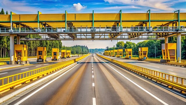 Yellow Telepass lanes on Milan A8 Motorway for non stop driving at toll booths, Milan A8 Motorway