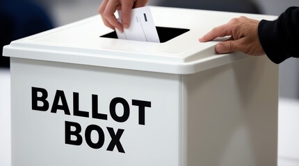 Close-up view of a blue ballot box with the words 'BALLOT BOX' prominently displayed in bold, white, uppercase letters on the bg