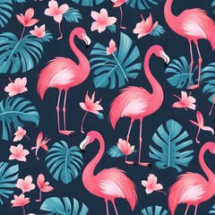 Generative AI. Beautiful tropical vector seamless pattern background with coconut palm trees, flamingo, hibiscus. Isolated on white background. The Summer beach surfing illustration.