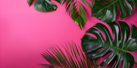 Naklejka premium Black Friday Promotion Pink Neon Sign with Tropical Green Leaves Flat Lay. Concept Black Friday Promotions, Pink Neon Sign, Tropical Green Leaves, Flat Lay, Visual Merchandising