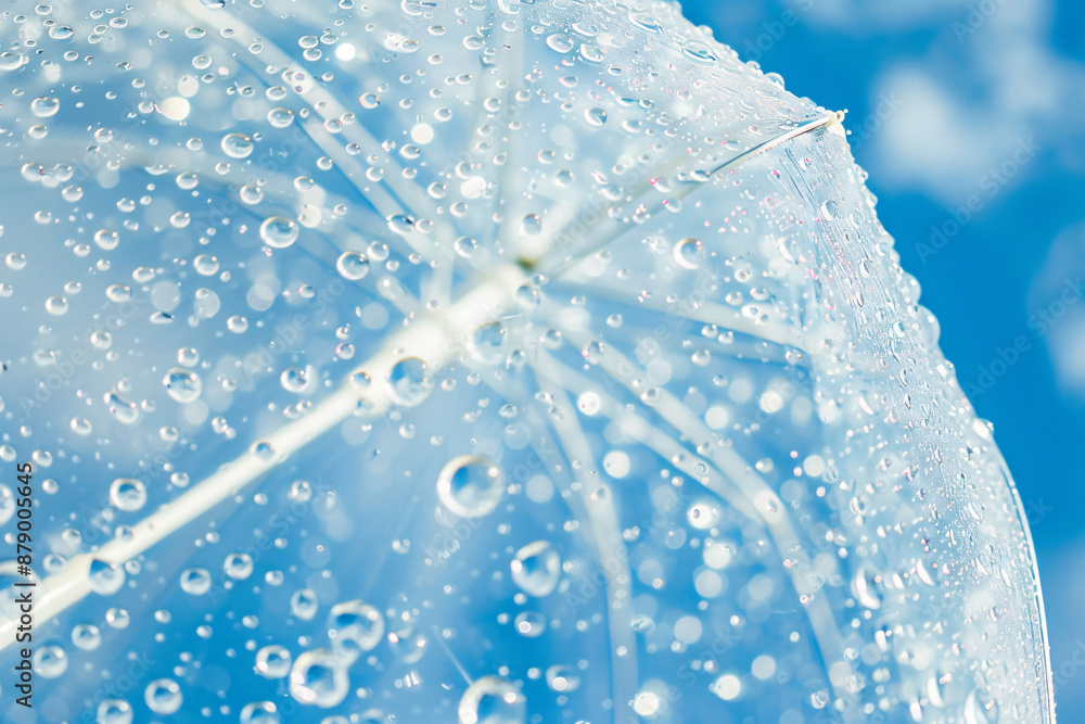 Aufkleber close-up of an umbrella in the rain, with water droplets on it and a blurred background, copy space 