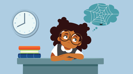 Bored Student Waiting for the Class to be Over Vector Cartoon. Smart schoolgirl suffering from boredom during class 
