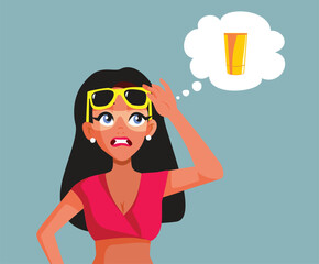 Woman Regrets Not Using SPF Cream at the Beach Vector Cartoon. Girl having sunburn marks forgetting to use lotion for uv protection
