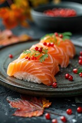 Salmon Nigiri with Pomegranate Seeds and Dill