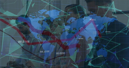Image of red lines, world map and financial data processing over business people in office
