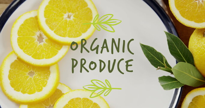 Image of organic produce text over oranges