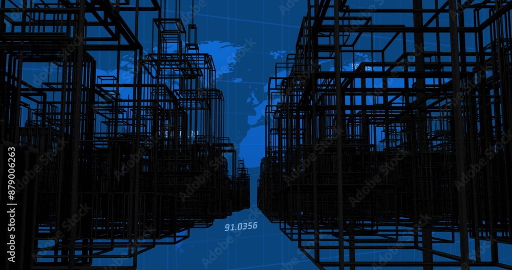 Poster image of digital city over data processing and world map on blue background