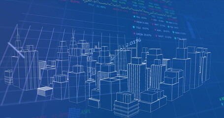 Image of digital city over data processing on blue background