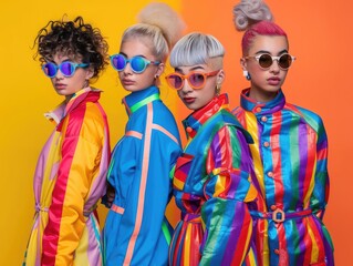 Obraz premium group of young LGBTQ teen mix gender ethnicity lively active together fun laugh smiling joyful cheerful, colorful people rainbow theme, fashionable hair style with sunglasses.