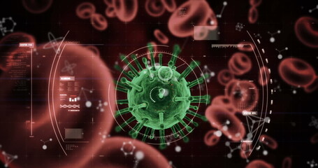 Abstract red shapes over scope scanning over covid-19 cell and blood vessels against red background