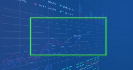 Image of neon frame over data processing on blue background