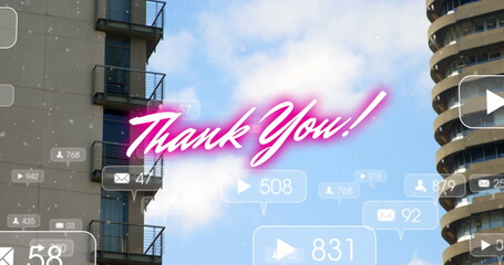 Image of thank you and social media reactions over cityscape