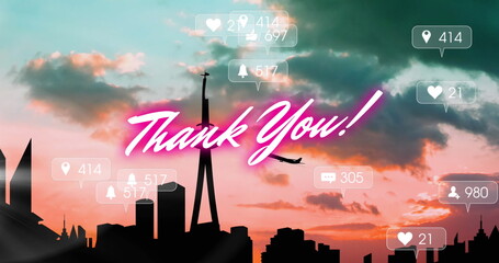 Image of thank you and social media reactions over cityscape