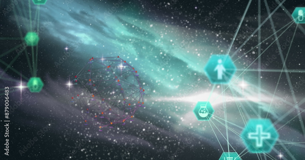 Poster image of network of connections with icons on dark background