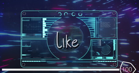 Like text and digital interface with data processing over light trails against blue background