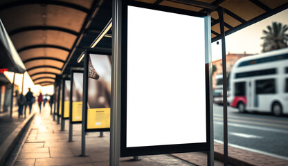 New York Metro Area Bus Advertising billboard mockup, Empty bus shelter area marketing ad banner or poster space to place your designs