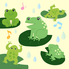Illustration of frogs on lotus leaves on a rainy day