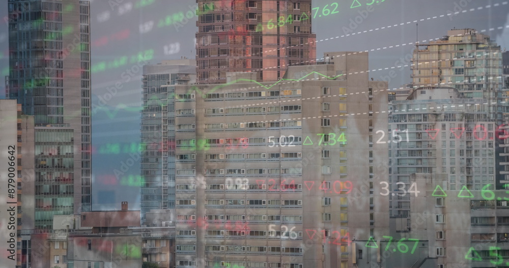 Aufkleber image of financial graph and data processing over cityscape