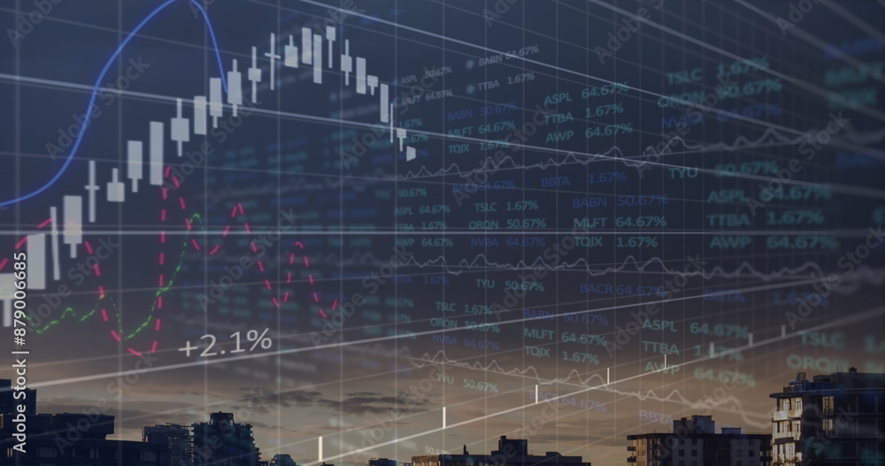 Poster image of financial graph and data processing over cityscape