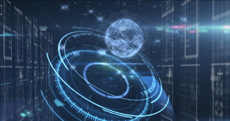 Image of moving clock over globe and data processing