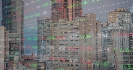 Image of financial graph and data processing over cityscape
