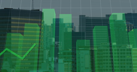 Image of financial graph and data processing over cityscape