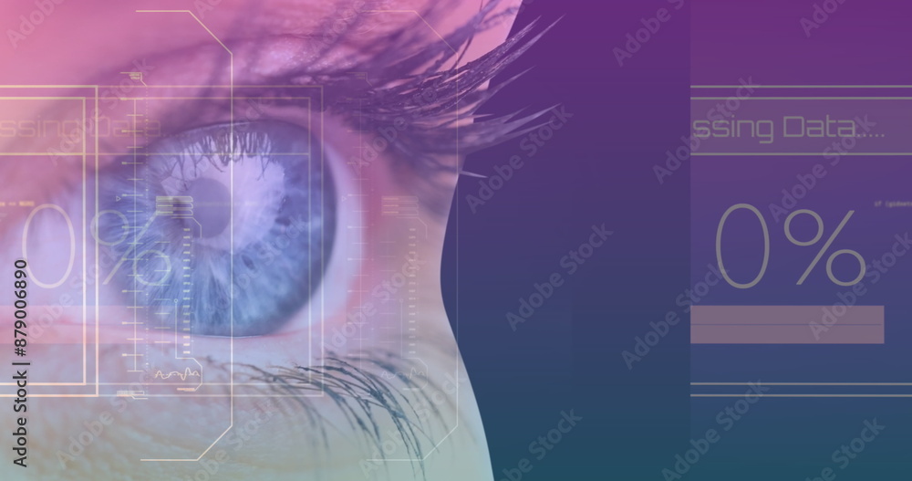 Poster image of caucasian female eye with business data processing on digital interface in foreground