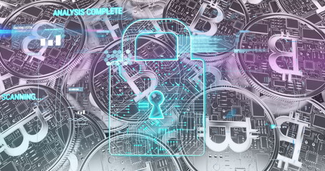 Data processing over security padlock icon against bitcoin coins in background
