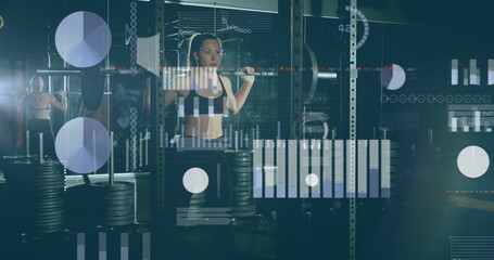 Image of data processing over caucasian woman lifting weights at gym