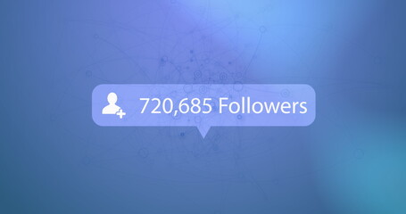 Image of number of followers increasing over connecting the dots against blue background