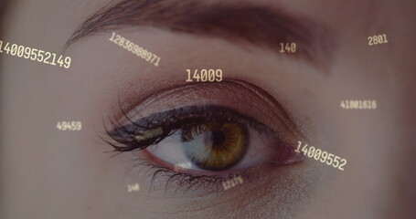 Image of data processing over eye of caucasian woman