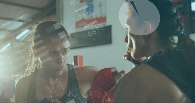 Image of data processing over diverse people boxing at gym