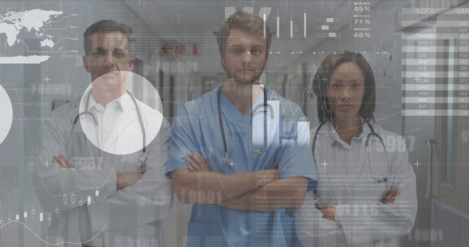 Image of digital infographic interface moving over portrait of confident multiracial doctors