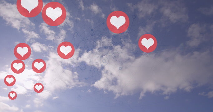 Image of social media icons and numbers over businessman and cityscape