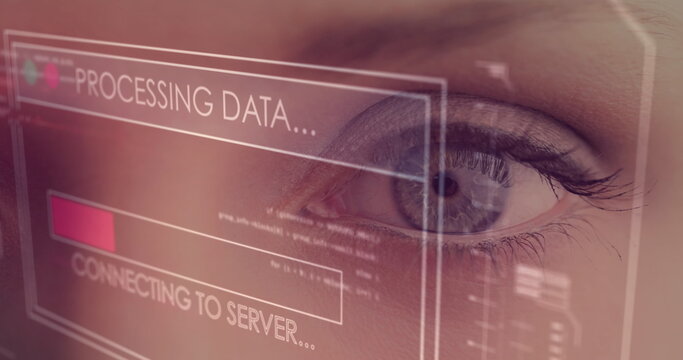 Image of digital screen with data processing over eye of caucasian woman