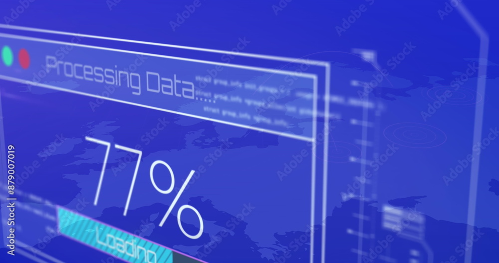Poster image of 100 percent data processing loading against blue world map