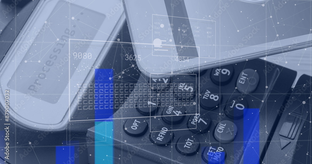 Poster image of financial data, graphs processing on digital interface against credit card reader