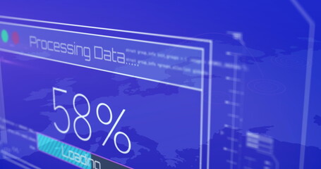 Image of 100 percent data processing loading against blue world map