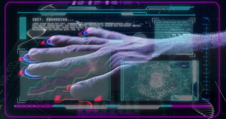 Image of data processing and hand on black background
