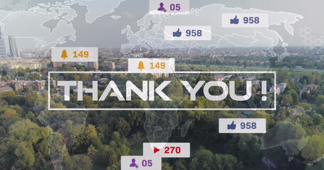 Image of thank you sign with social media icons, world map over city with trees