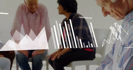 Image of graphs and data over diverse senior people on support meeting