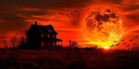 Spooky silhouette of a haunted house against an orange sky with a full moon and flying bats. Concept Halloween, Spooky Silhouette, Haunted House, Orange Sky, Full Moon, Bats