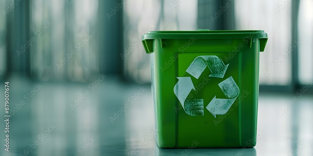 Poster green waste container with recycling symbol for sorting recyclable materials in ecofriendly system. 