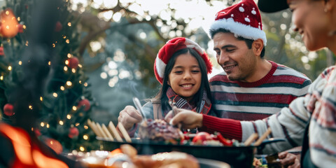 Family Holiday Barbecue Smiling Father and Daughter Cooking Outdoors in Festive Santa Hats