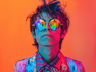 portrait of young LGBT teen lively man with colorful rainbow color theme, fashionable hair style, wearing round chrome vibrant reflect sunglasses.