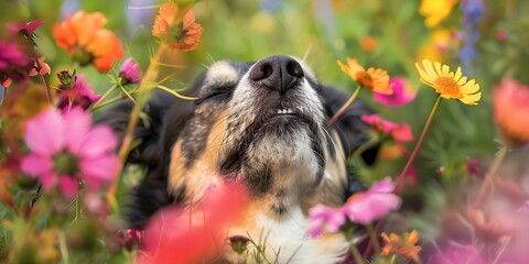 Obraz premium Dog having a sneezing fit in vibrant wildflowers during allergy season. Concept Dog sneezing, Vibrant wildflowers, Allergy season, Outdoor photoshoot, Pet photography