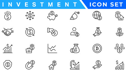 Money income line icon set. Pension fund, profit growth, piggy bank, finance capital minimal vector illustration. Simple outline signs for investment application. 30x30 Pixel Perfect Editable Strokes