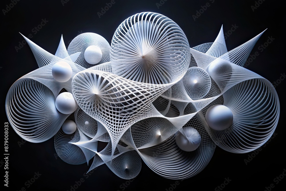 Poster intricate arrangement of abstract white geometric shapes with fluid lines and gentle curves creates 