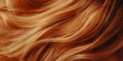 Detailed view of textured strawberry blonde wavy hair on a woman. Concept Strawberry Blonde Hair, Wavy Texture, Detailed View, Woman's Hairstyle, Hair Color