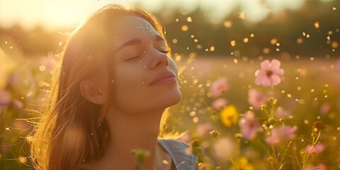 Fototapeta premium Woman sneezing in wildflower field symbolizing hay fever with pollen in air. Concept Blooming Wildflowers, Hay Fever, Spring Allergies, Outdoor Sneezing, Pollen Season